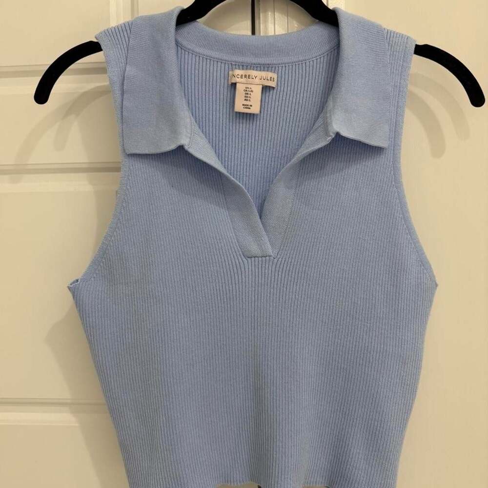 Sincerely Jules Blue Ribbed Collared Sleeveless Knit Top Size L